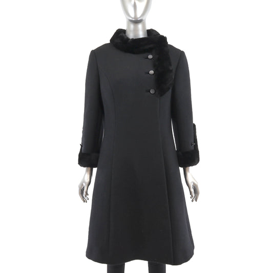 Black Wool Coat with Sheared Beaver Trim- Size S