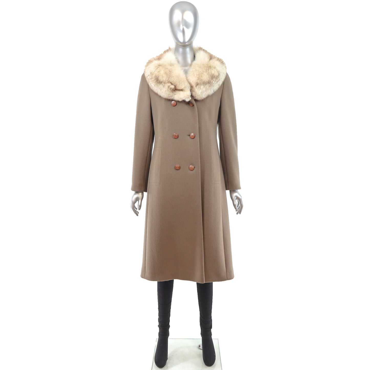 Light Brown Wool Coat with Fox Collar- Size S