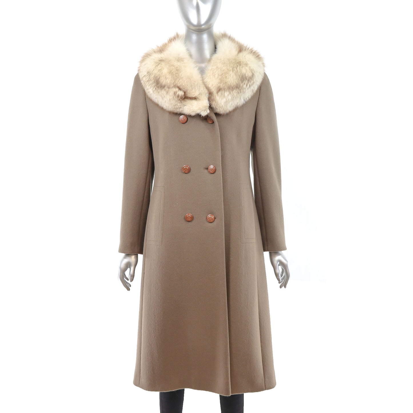 Light Brown Wool Coat with Fox Collar- Size S