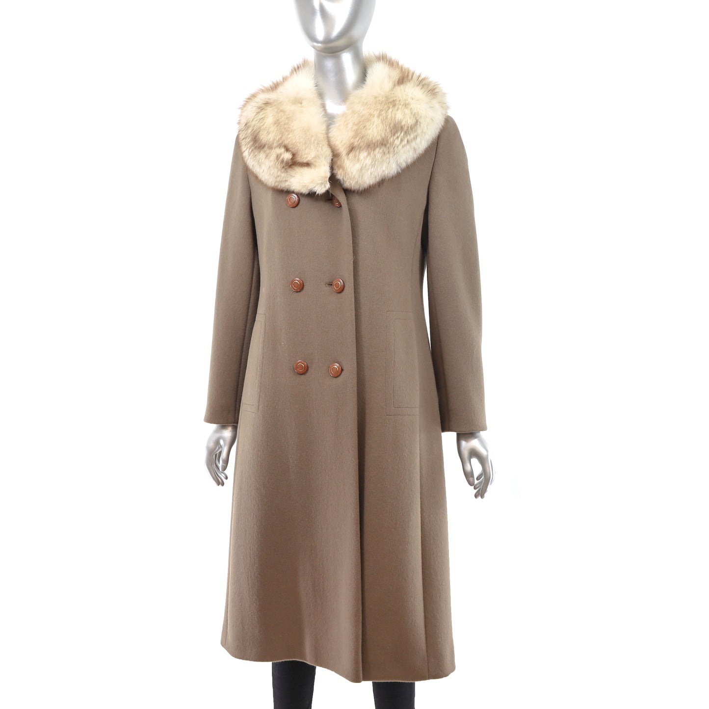 Light Brown Wool Coat with Fox Collar- Size S