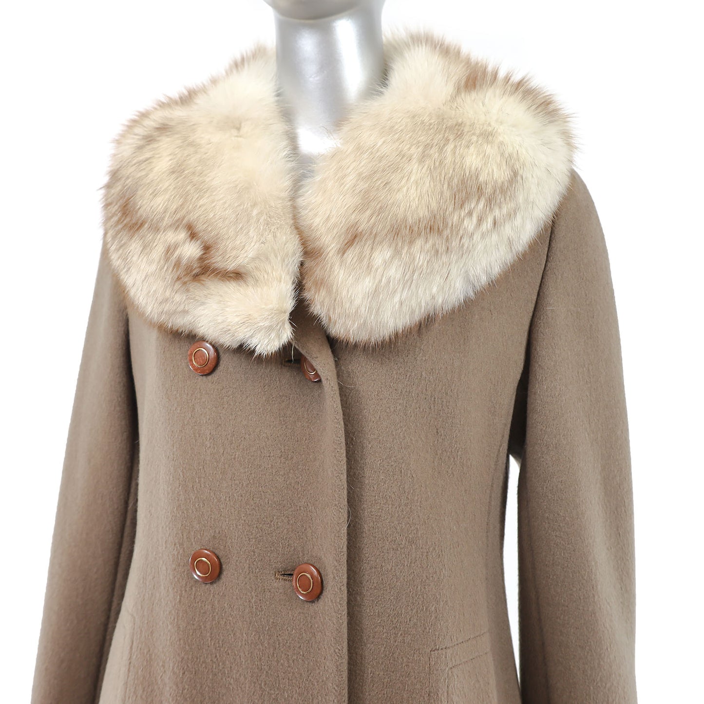 Light Brown Wool Coat with Fox Collar- Size S