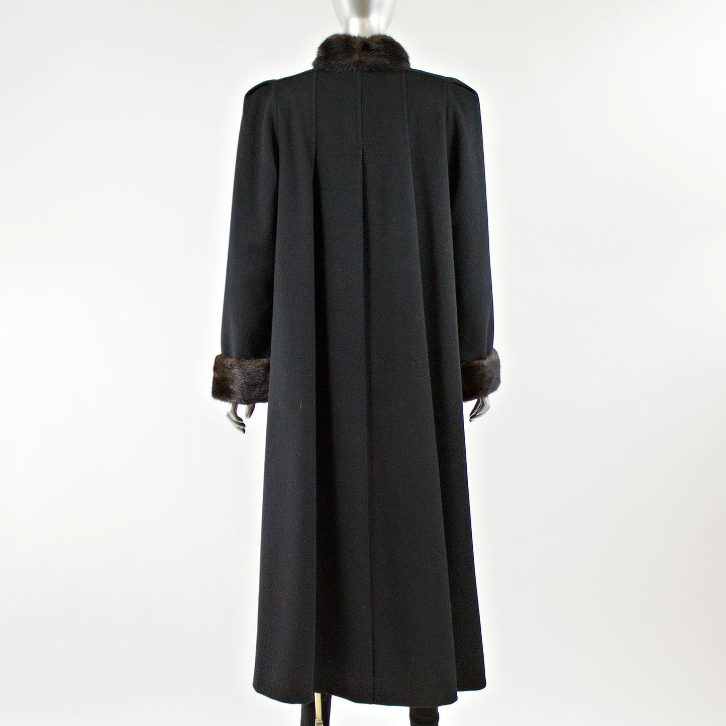 Black Wool Coat with Mink Fur Collar and Cuff - Size M