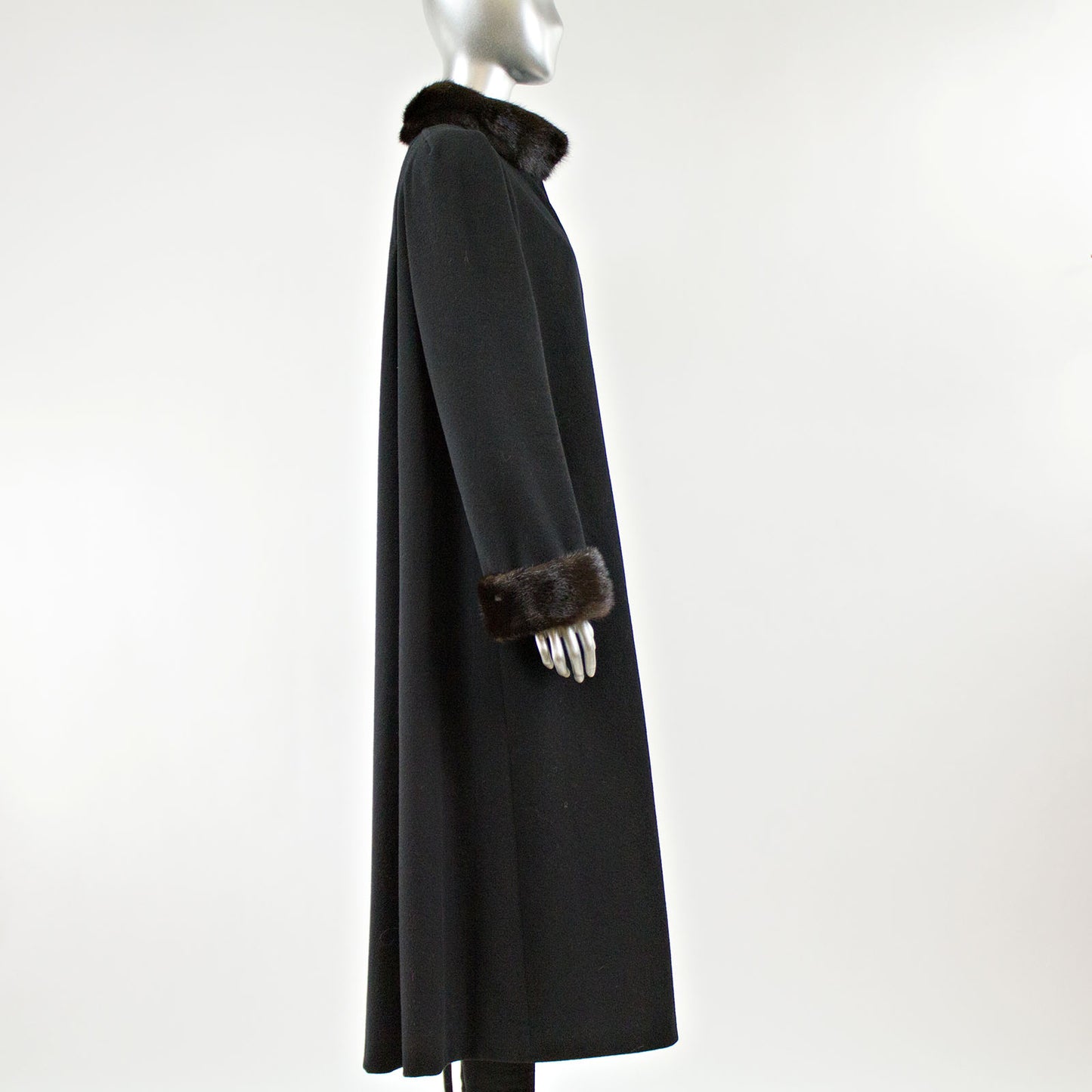 Black Wool Coat with Mink Fur Collar and Cuff - Size M