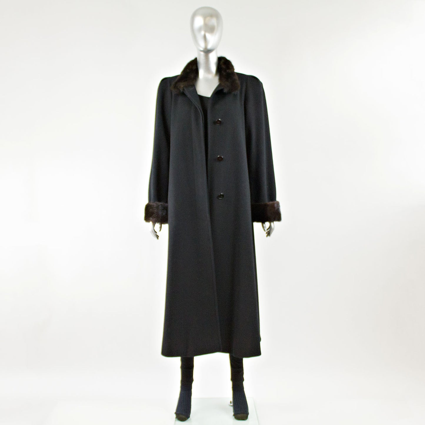 Black Wool Coat with Mink Fur Collar and Cuff - Size M