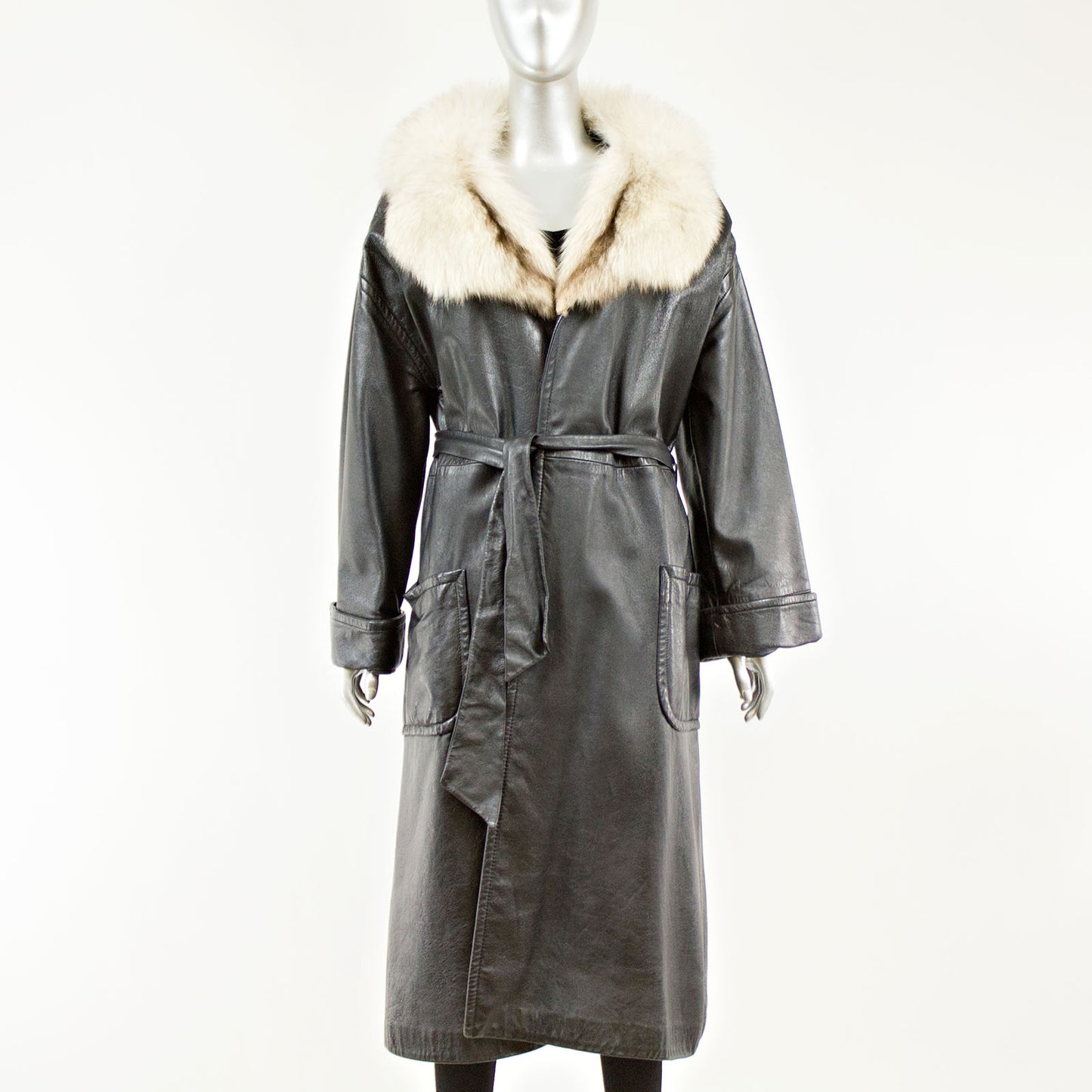 Black Leather Coat with Blue Fox Collar and Belt - Size S/M