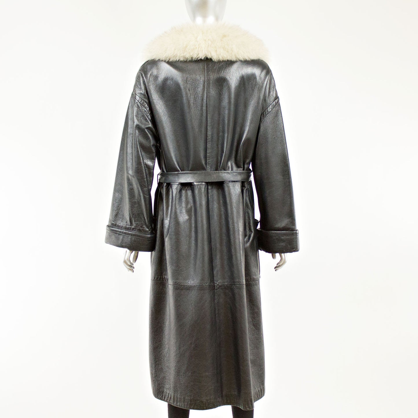 Black Leather Coat with Blue Fox Collar and Belt - Size S/M