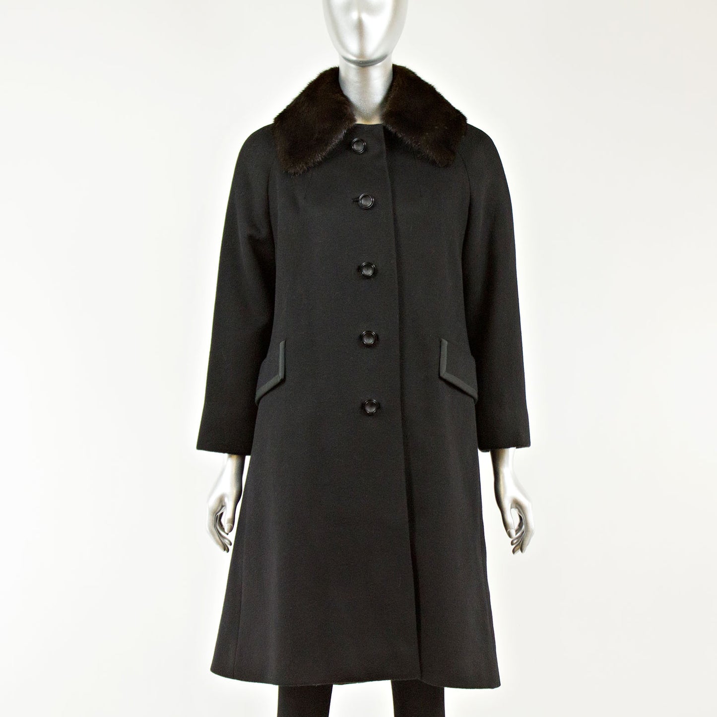 Black Wool Coat with Mink Collar - Size XS