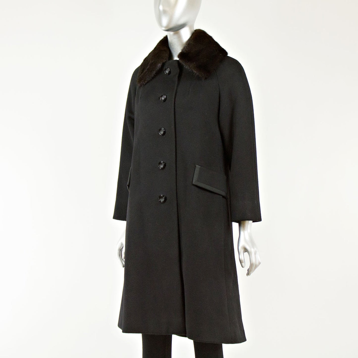 Black Wool Coat with Mink Collar - Size XS