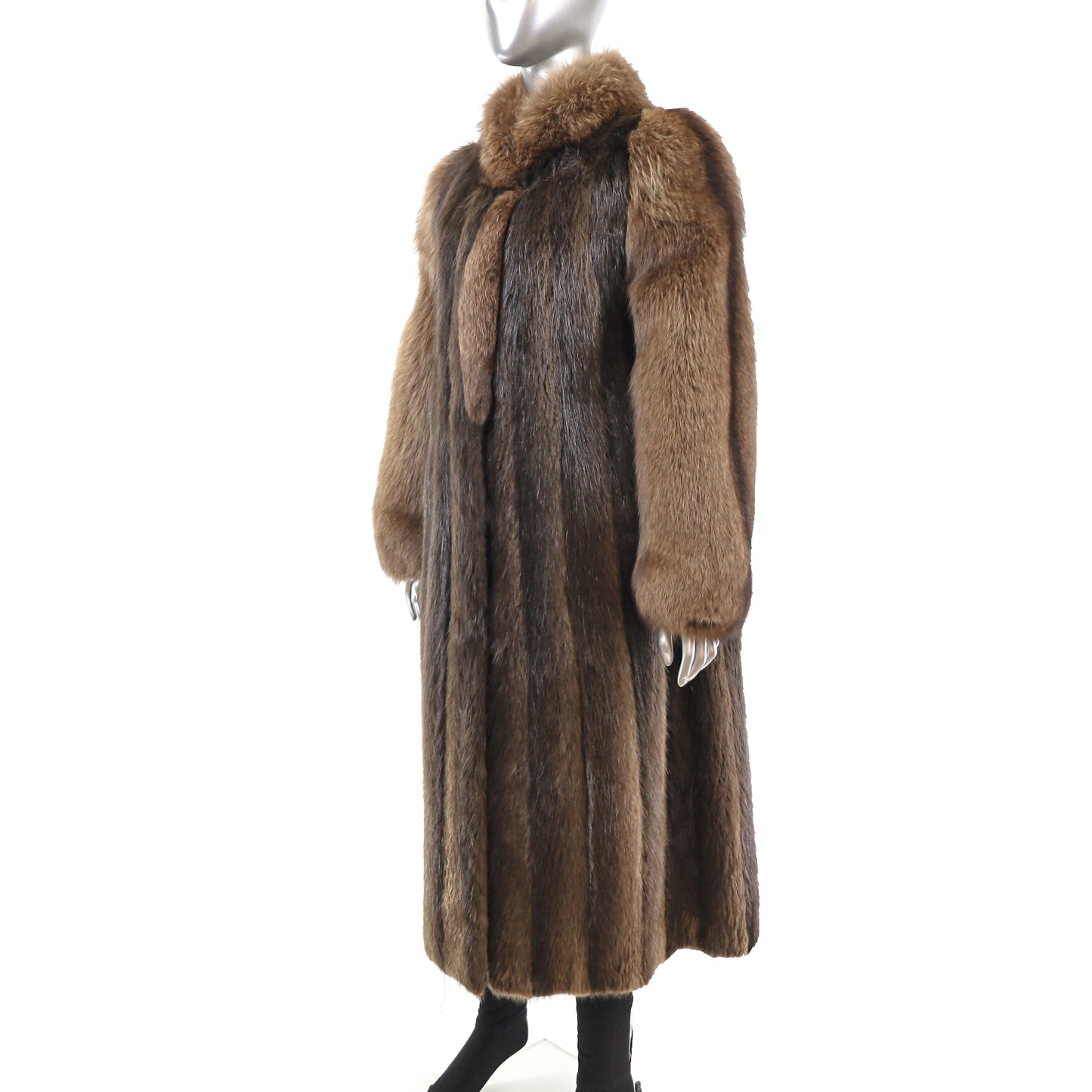 Long Hair Beaver Coat with Fox Collar and Sleeves- Size S