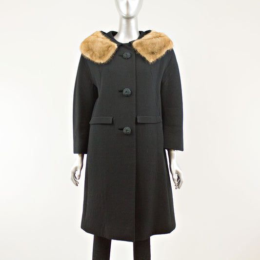 Black Cloth Coat with Mink Collar - Size M