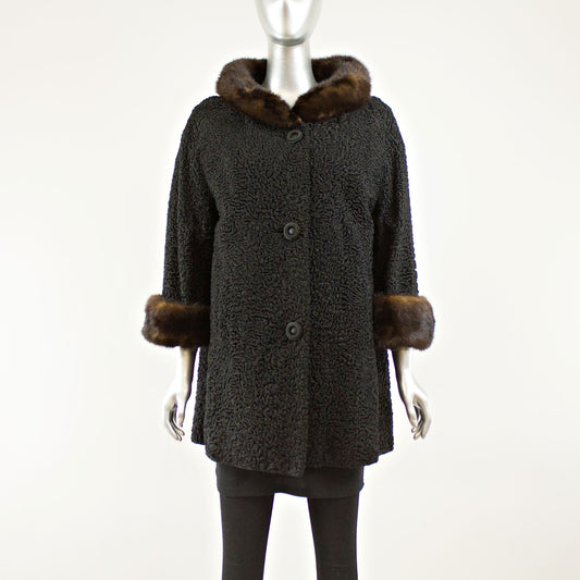 Black Persian Lamb Coat Swing Mink Collar and Cuffs- Size L