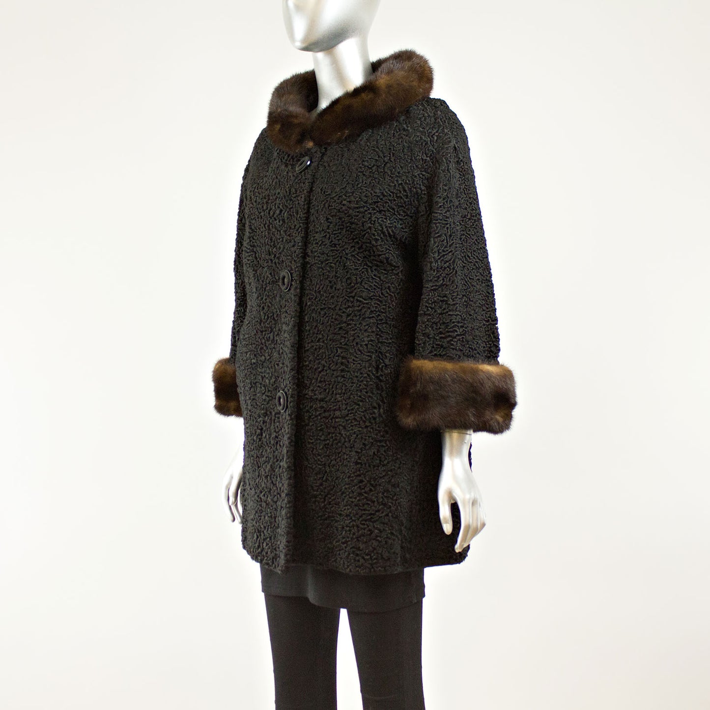 Black Persian Lamb Coat Swing Mink Collar and Cuffs- Size L