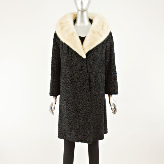 Black Persian Lamb 3/4 Coat with Mink and Two Hats- Size L