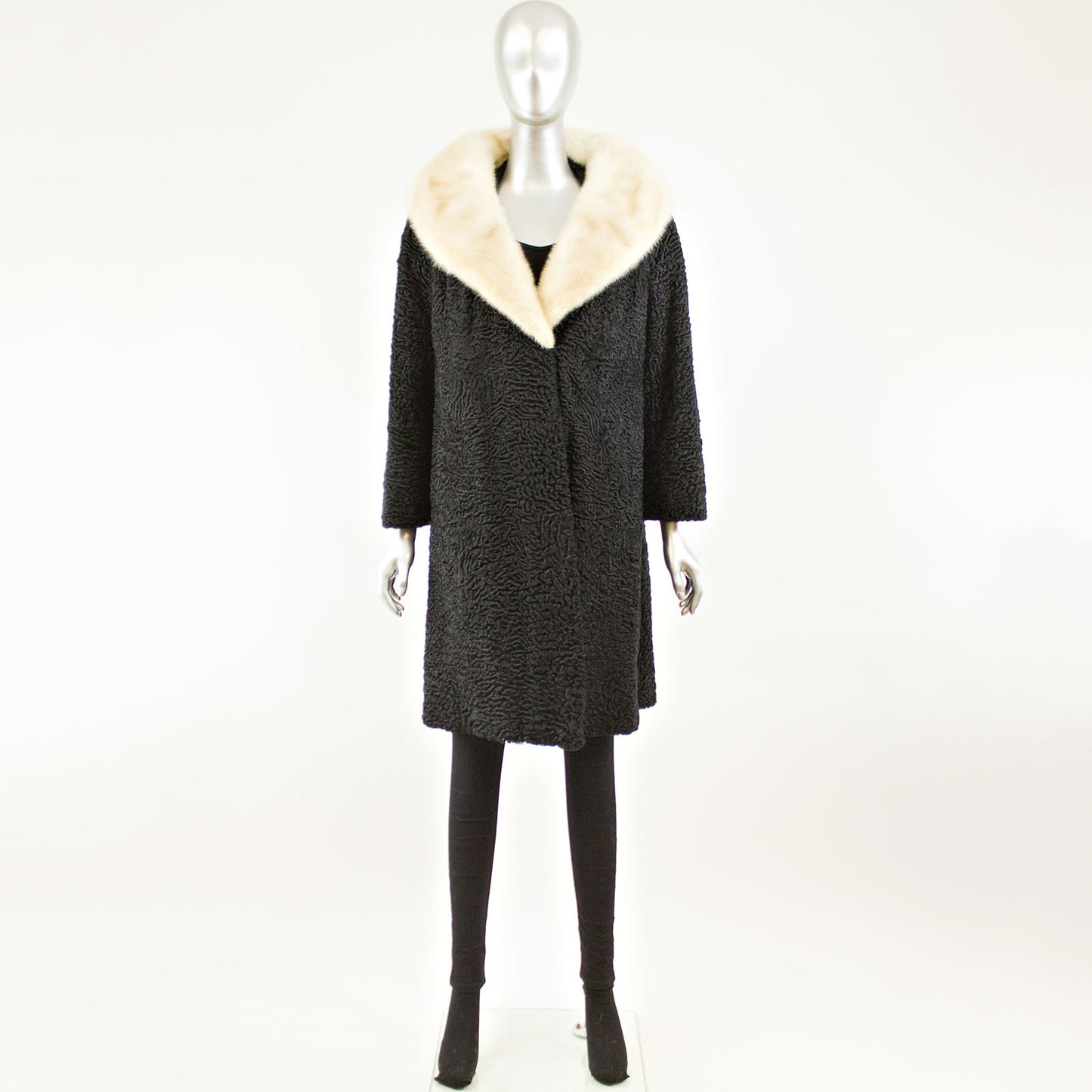 Black Persian Lamb 3/4 Coat with Mink and Two Hats- Size L