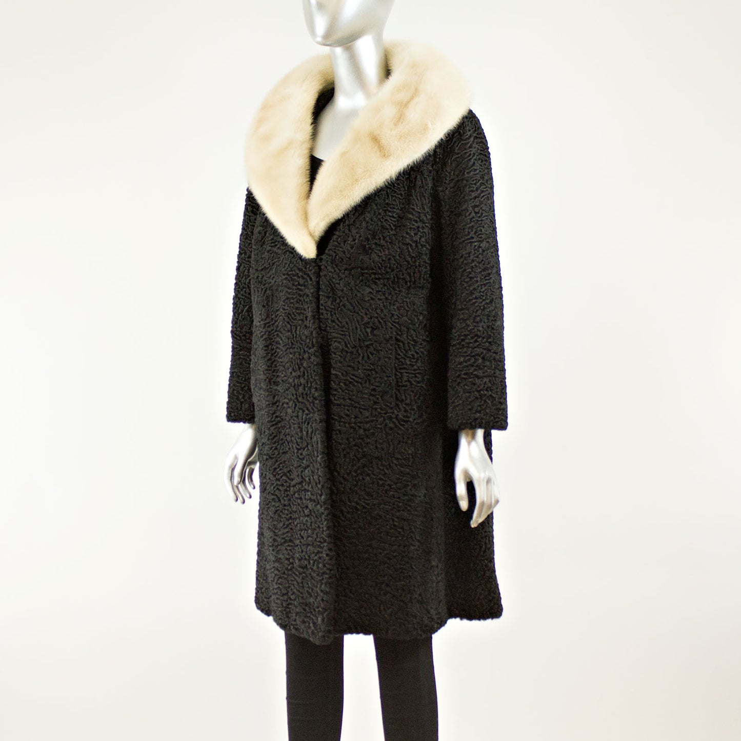 Black Persian Lamb 3/4 Coat with Mink and Two Hats- Size L