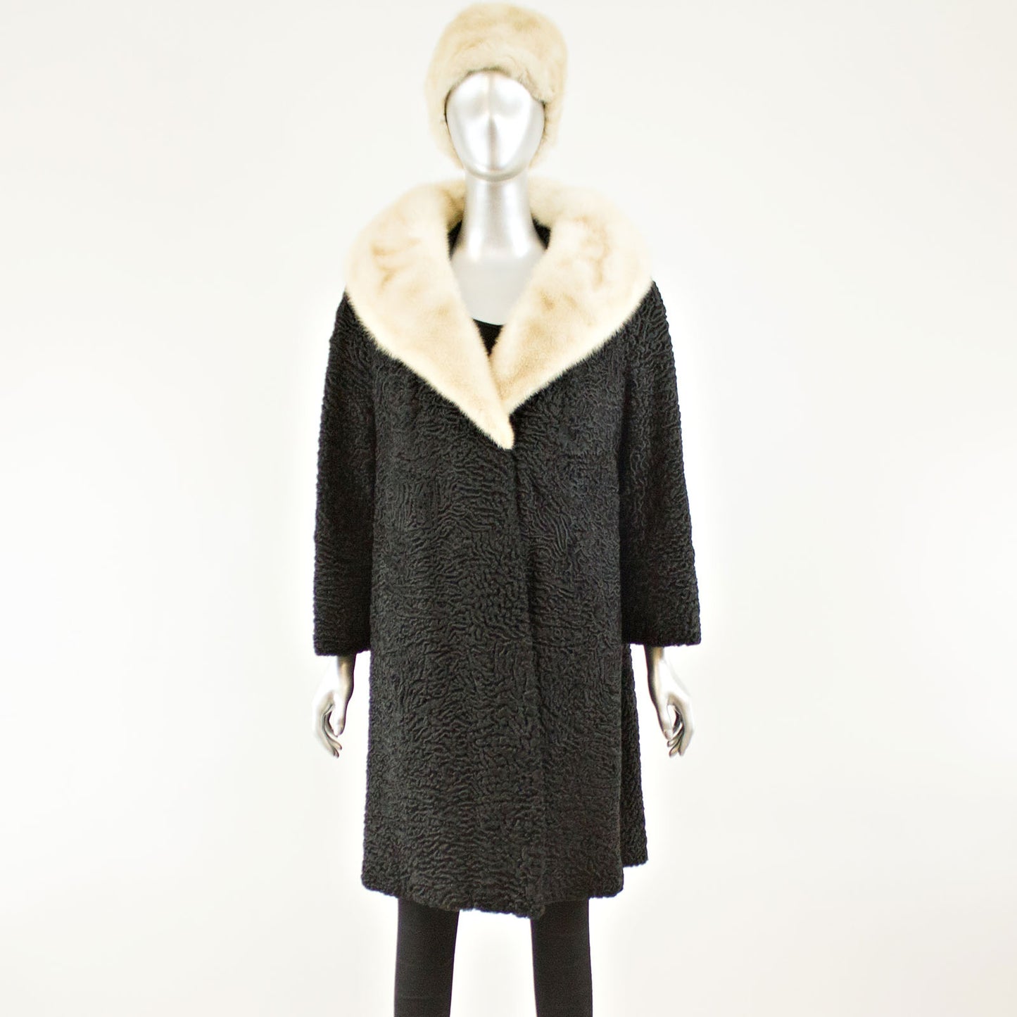 Black Persian Lamb 3/4 Coat with Mink and Two Hats- Size L