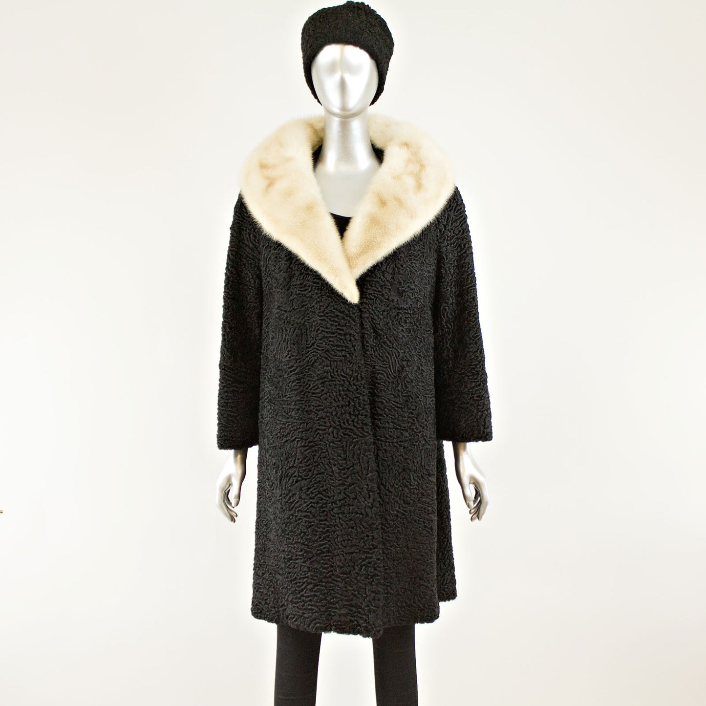 Black Persian Lamb 3/4 Coat with Mink and Two Hats- Size L