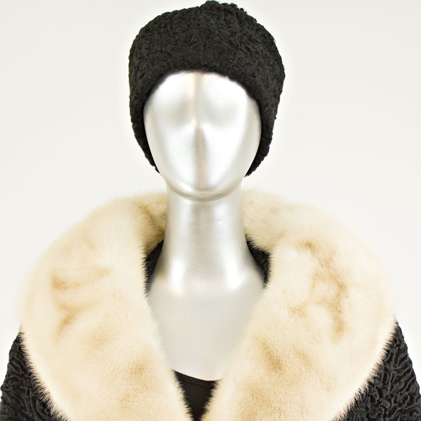 Black Persian Lamb 3/4 Coat with Mink and Two Hats- Size L