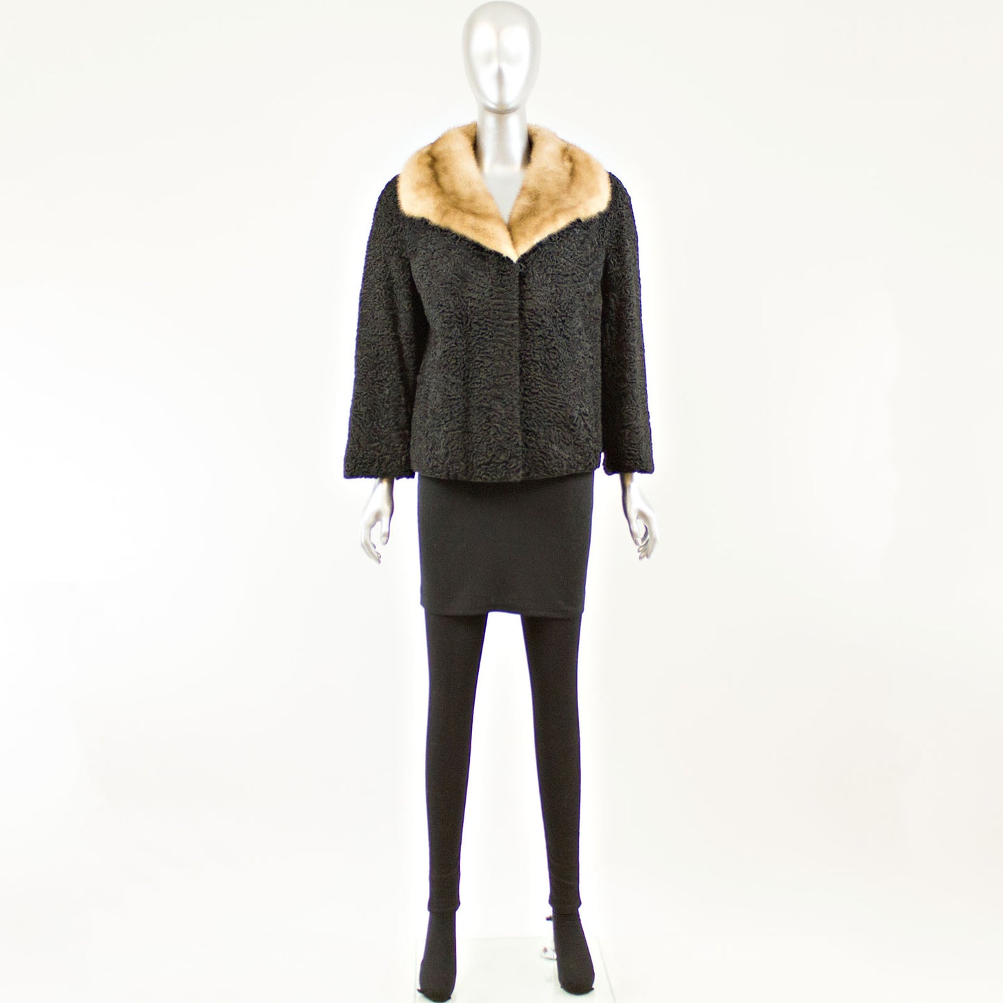 Black Persian Lamb Jacket with Autumn Haze Mink Collar - Size M