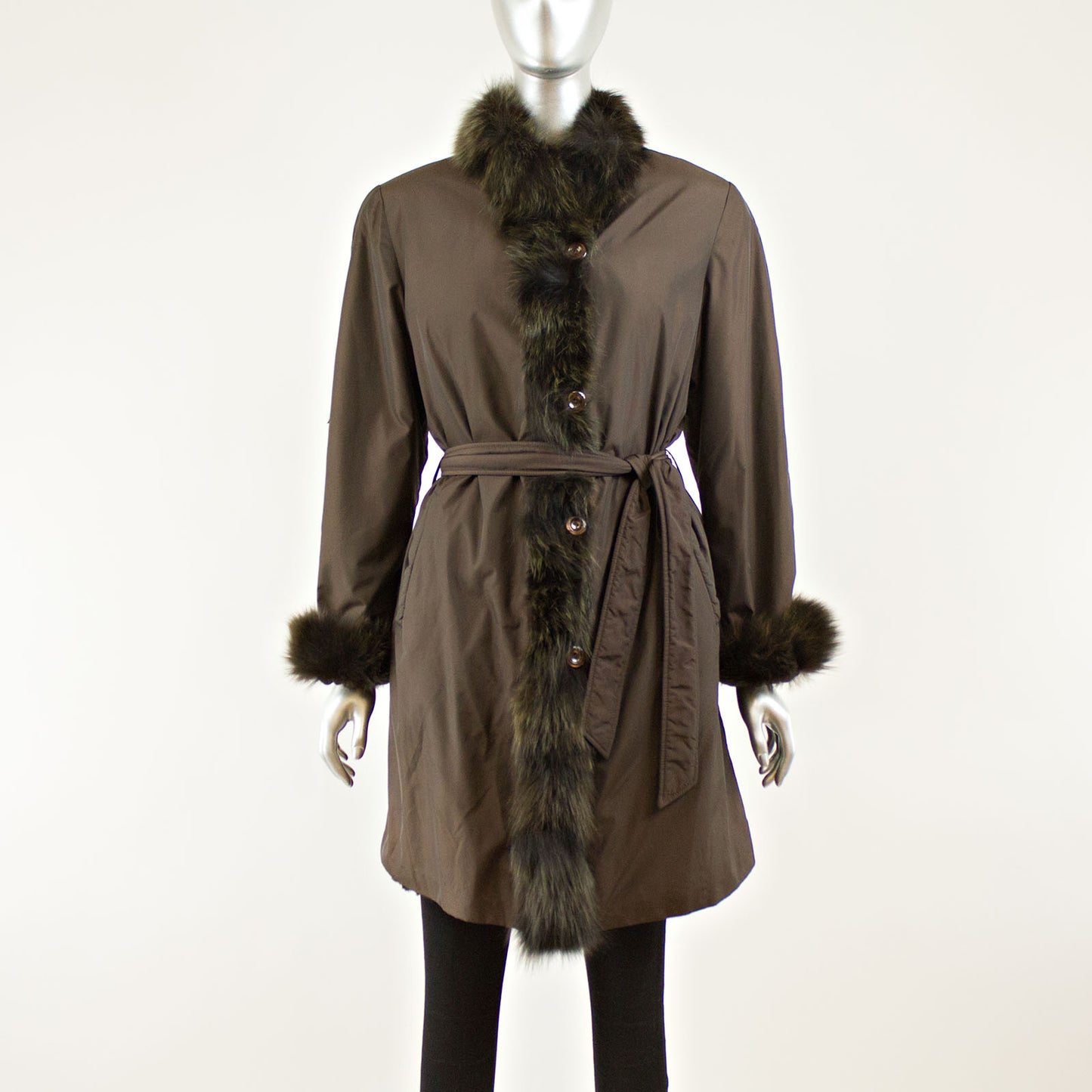 Brown Taffeta Coat with Rabbit Lining and Fox Collar and Cuffs - Size S