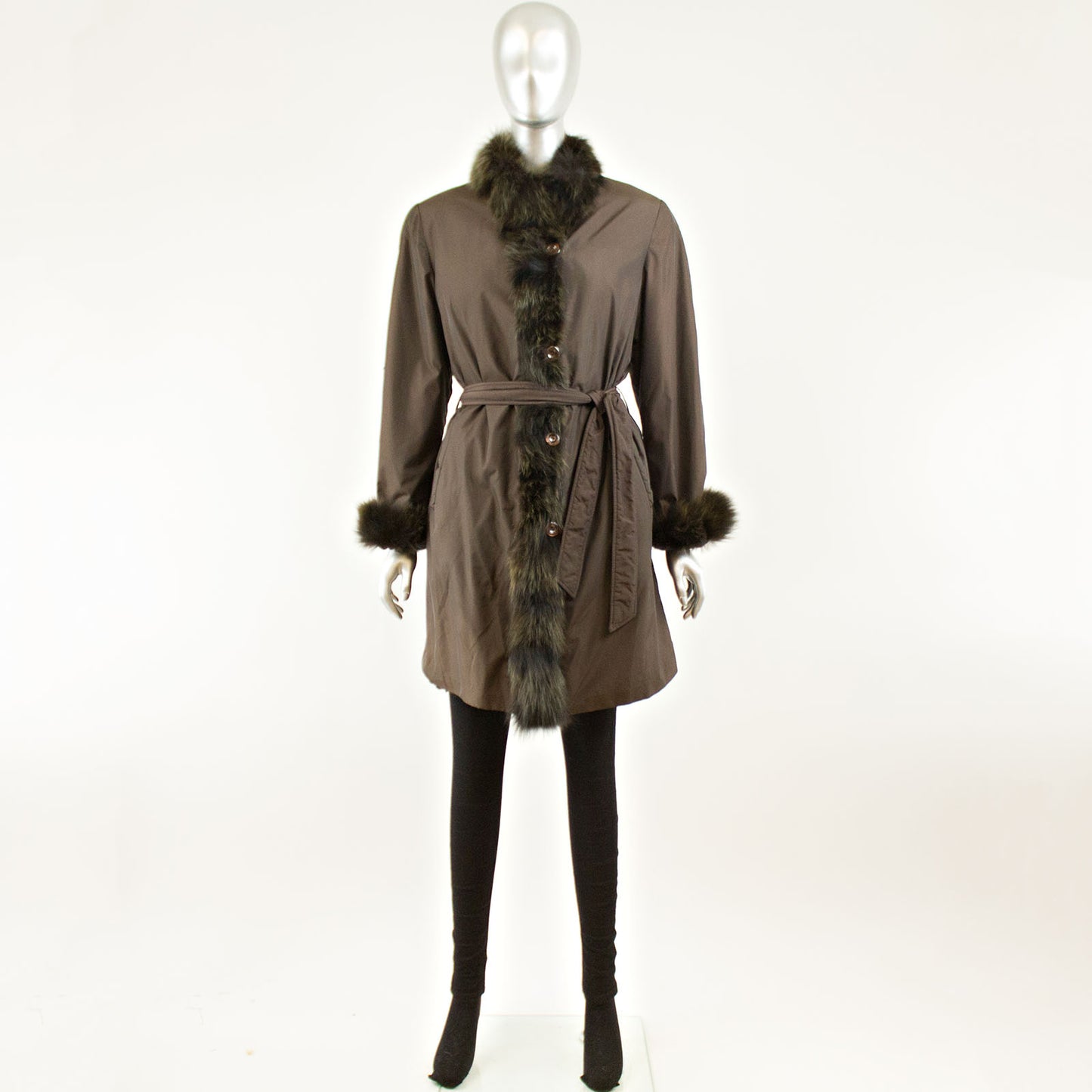 Brown Taffeta Coat with Rabbit Lining and Fox Collar and Cuffs - Size S