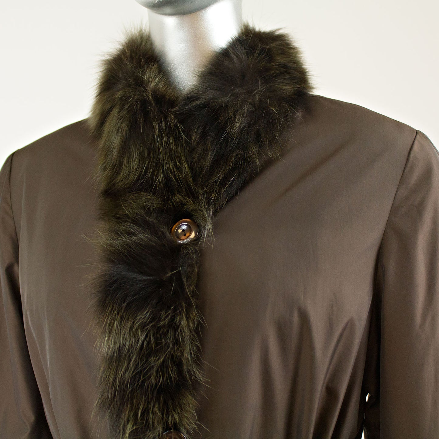 Brown Taffeta Coat with Rabbit Lining and Fox Collar and Cuffs - Size S