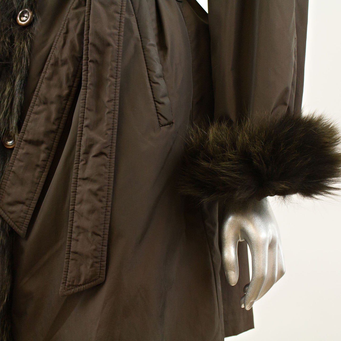 Brown Taffeta Coat with Rabbit Lining and Fox Collar and Cuffs - Size S