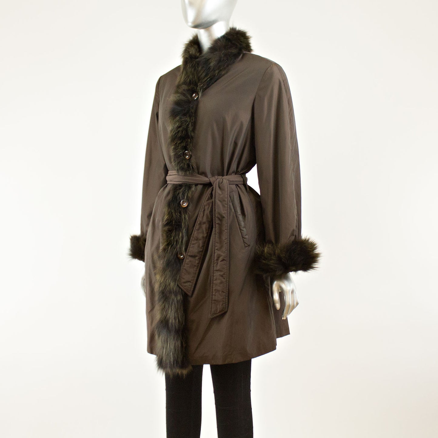 Brown Taffeta Coat with Rabbit Lining and Fox Collar and Cuffs - Size S