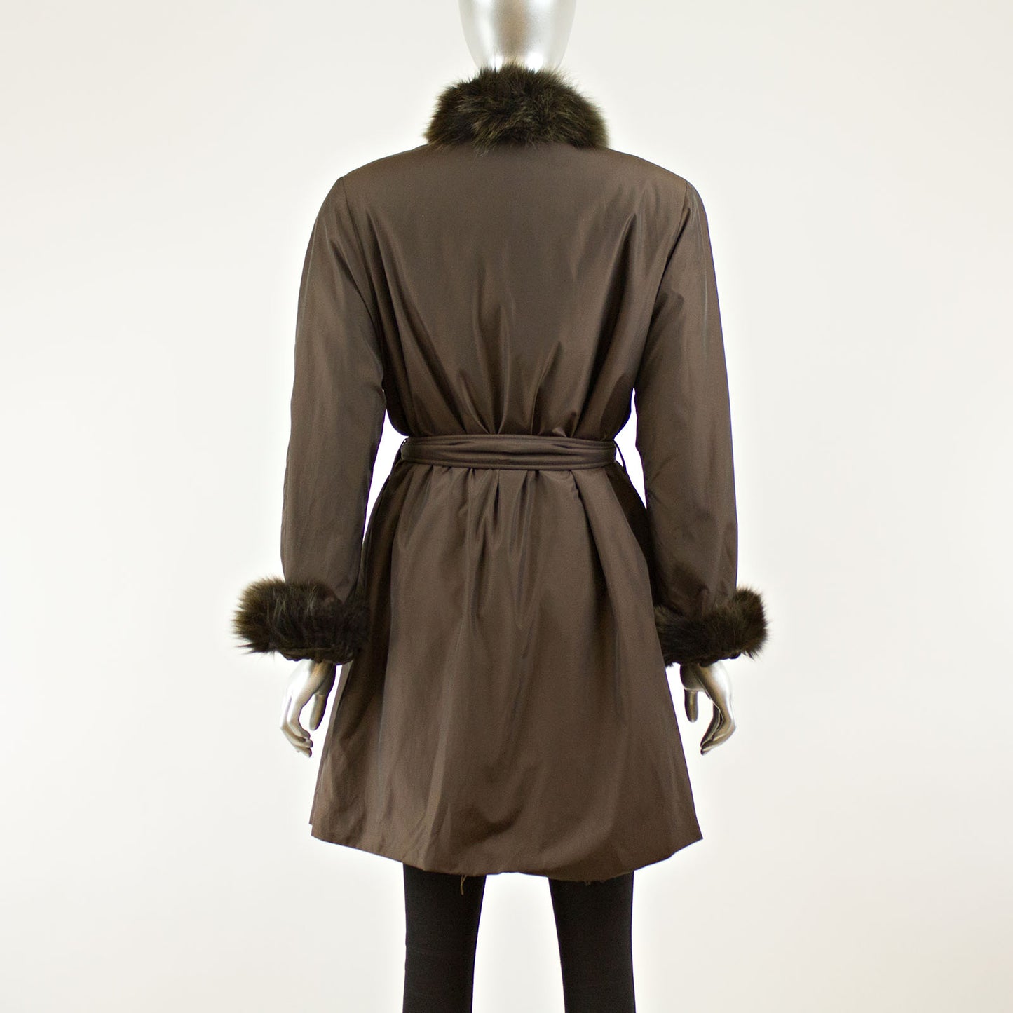 Brown Taffeta Coat with Rabbit Lining and Fox Collar and Cuffs - Size S