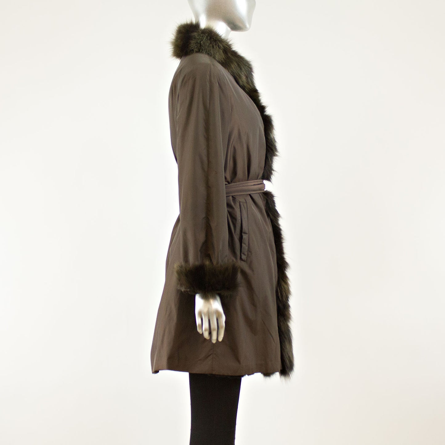 Brown Taffeta Coat with Rabbit Lining and Fox Collar and Cuffs - Size S