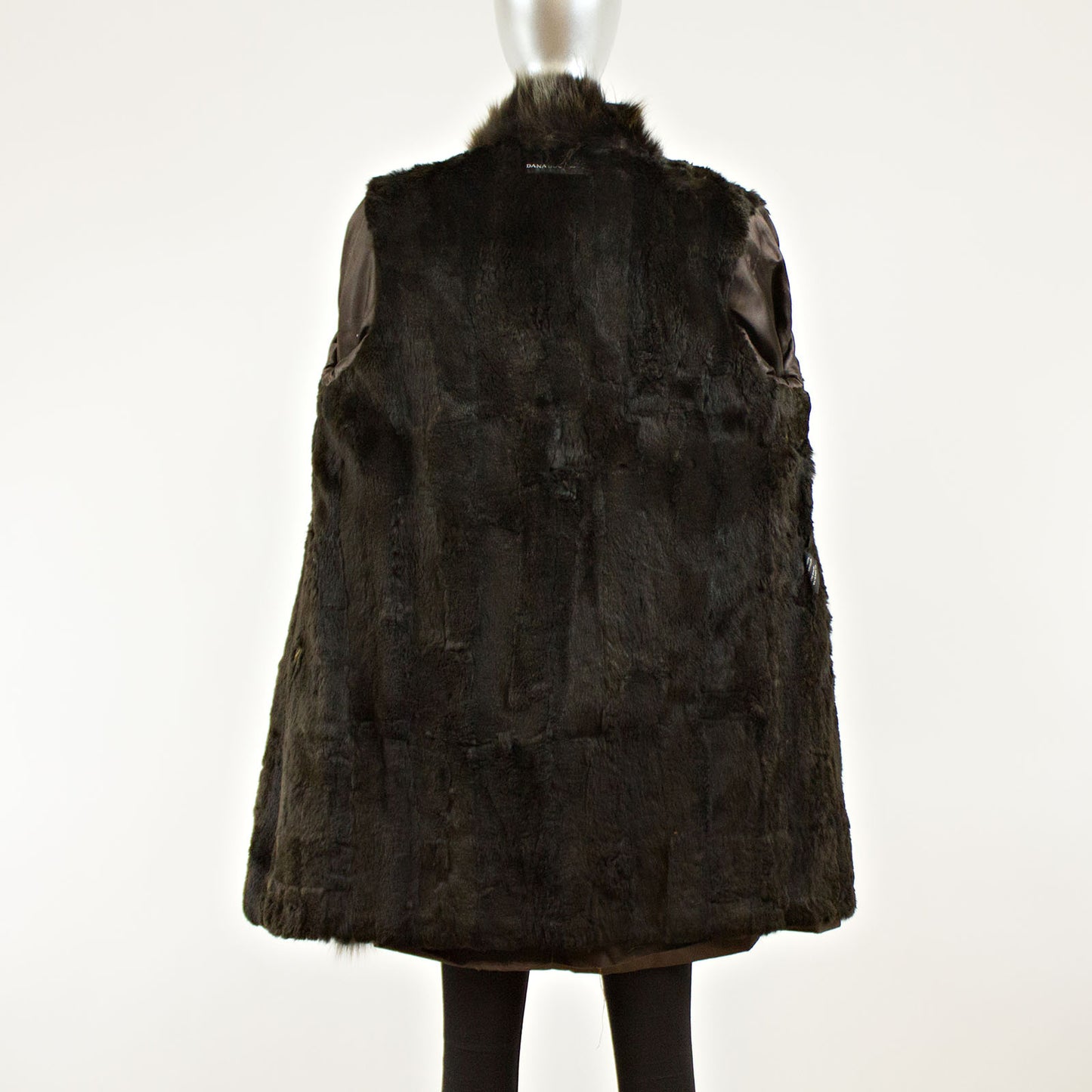 Brown Taffeta Coat with Rabbit Lining and Fox Collar and Cuffs - Size S