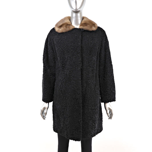 Black Persian Lamb 3/4 Fur Coat With Mink Collar Size S