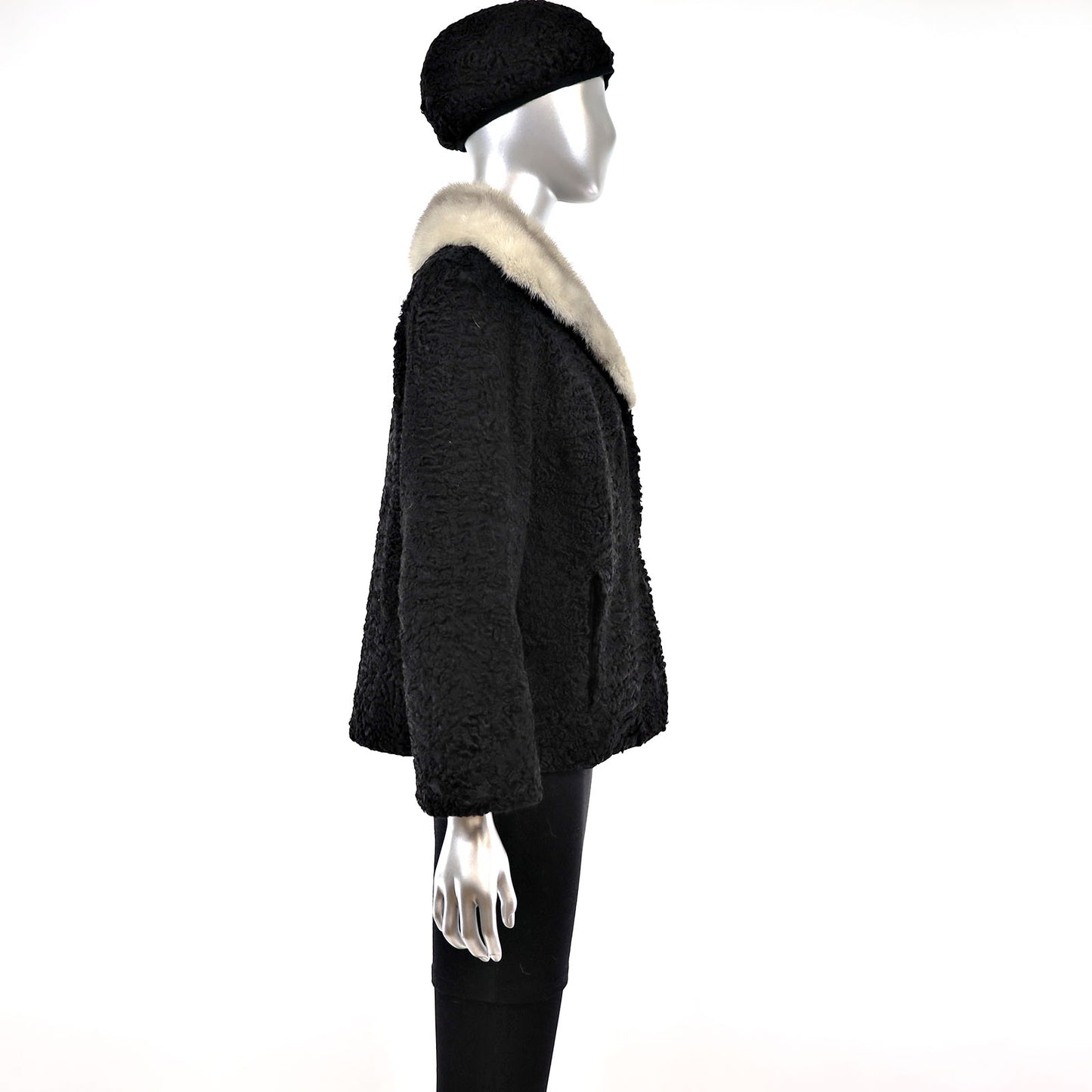 Persian Lamb Jacket with Mink Collar and Matching Hat- Size M