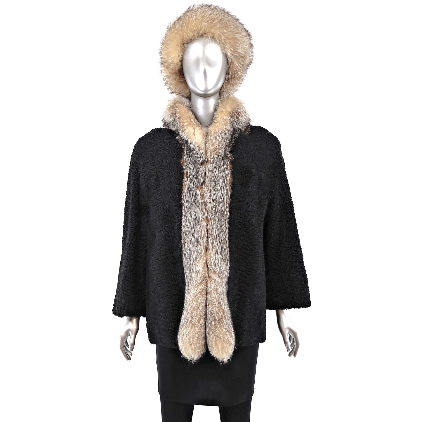 Persian Lamb Jacket with Crystal Fox Tuxedo and Matching Hat- Size S