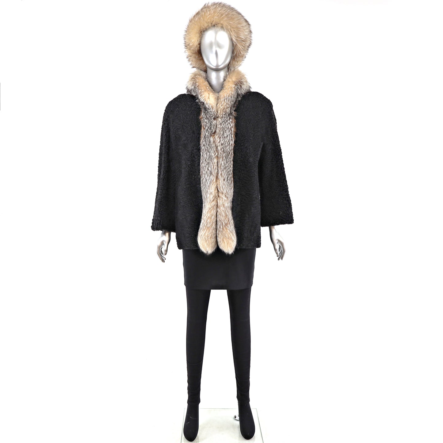 Persian Lamb Jacket with Crystal Fox Tuxedo and Matching Hat- Size S