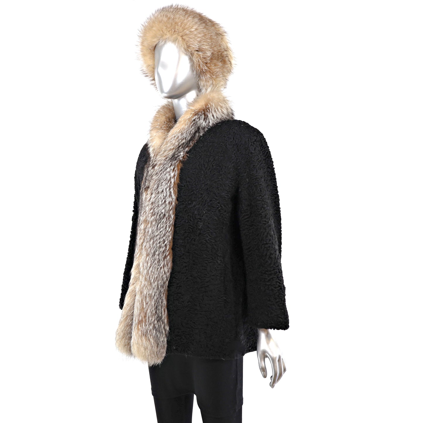 Persian Lamb Jacket with Crystal Fox Tuxedo and Matching Hat- Size S