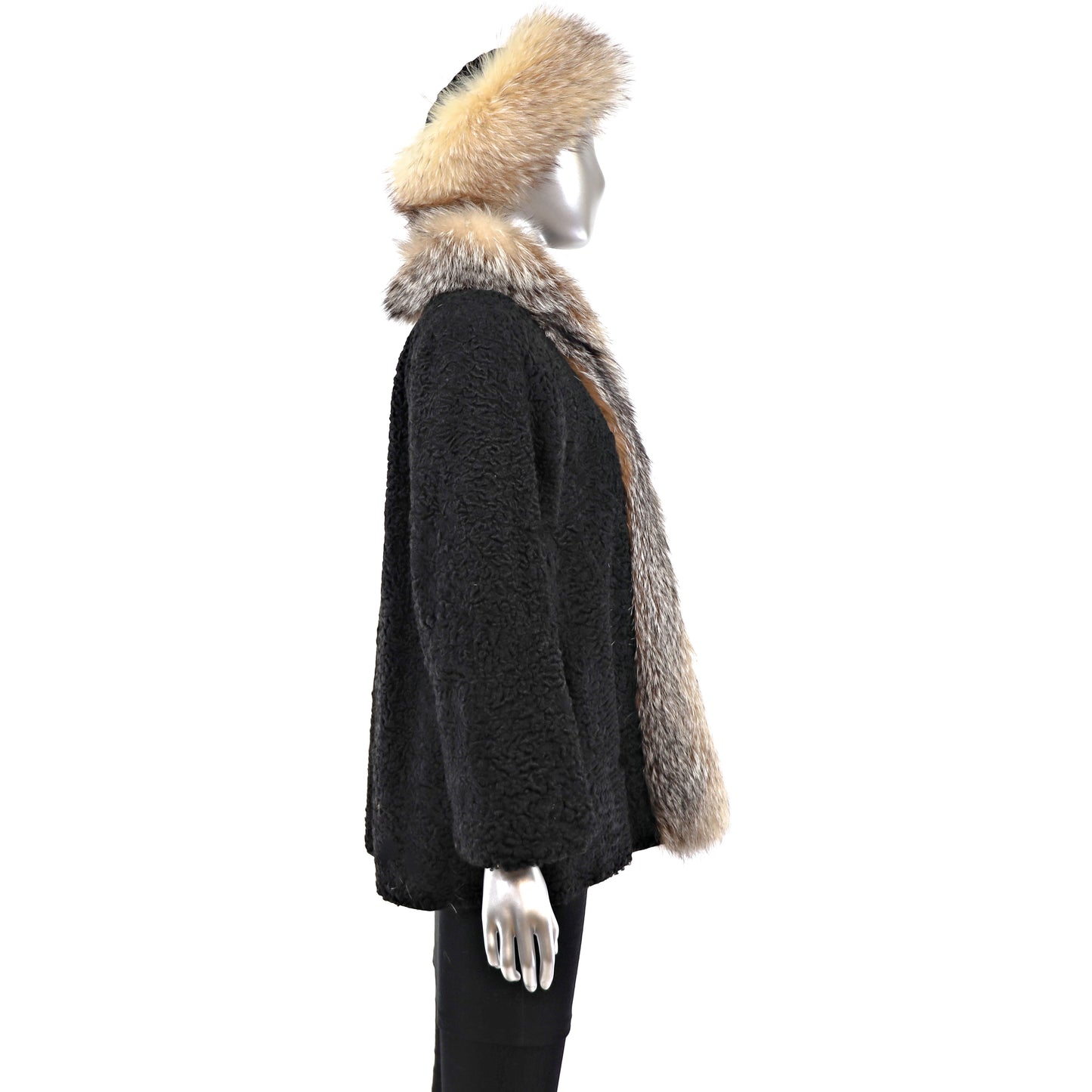 Persian Lamb Jacket with Crystal Fox Tuxedo and Matching Hat- Size S