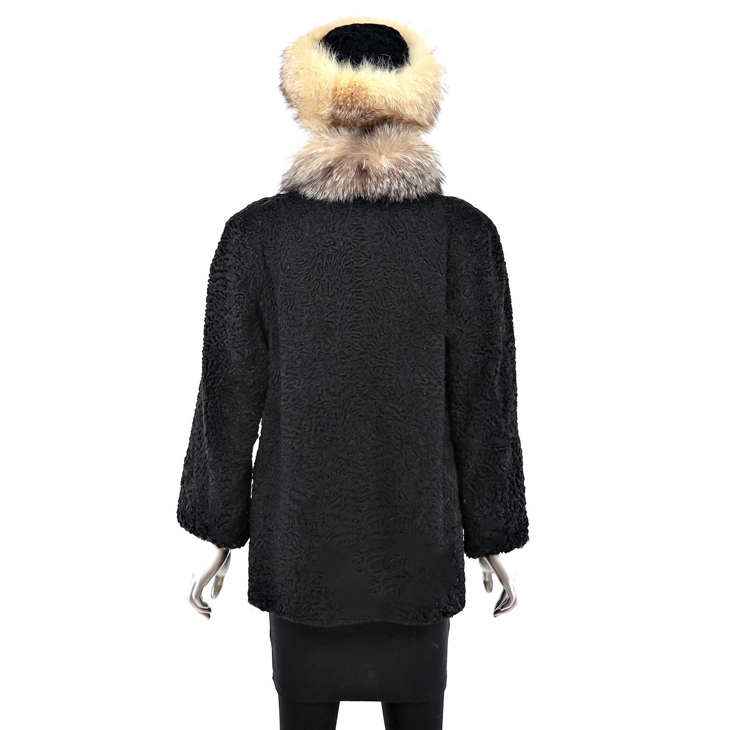 Persian Lamb Jacket with Crystal Fox Tuxedo and Matching Hat- Size S