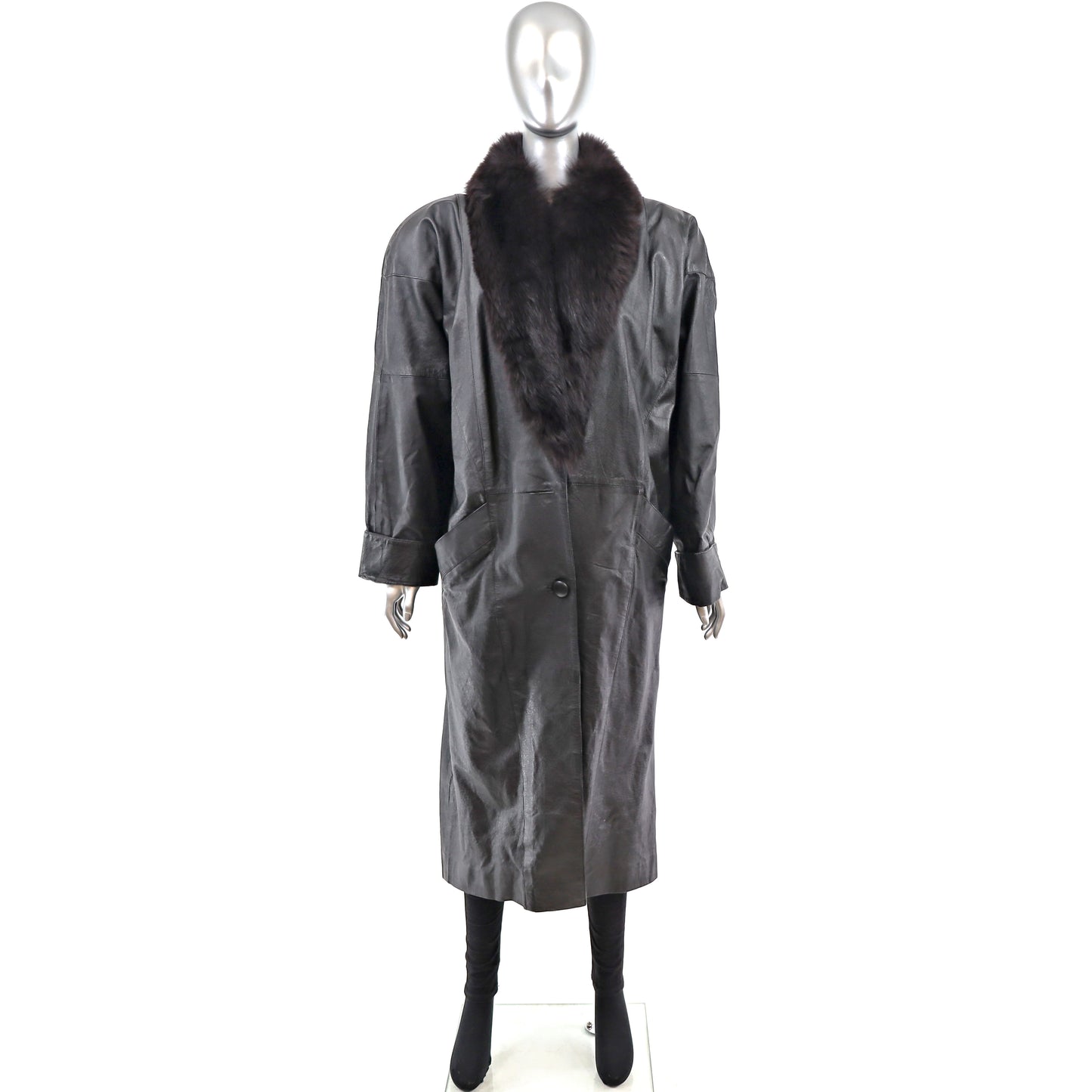 Leather Coat with Fox Collar- Size XXXXL