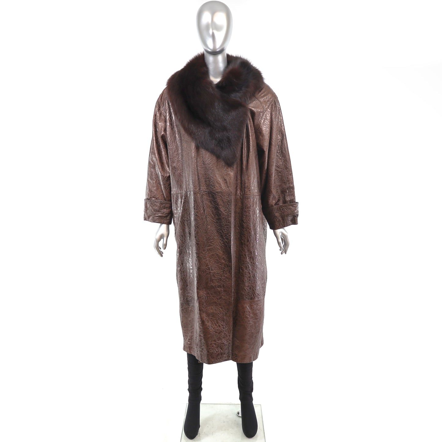 Leather Coat with Fox Collar- Size XL