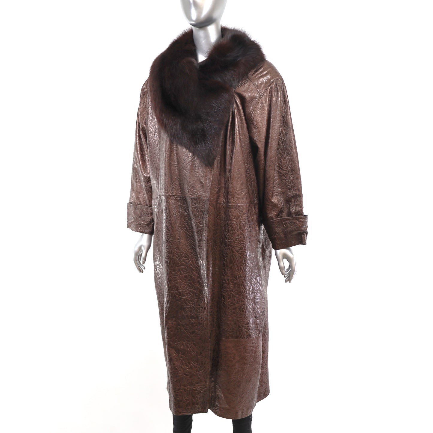 Leather Coat with Fox Collar- Size XL