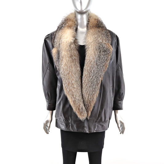 Leather Jacket with Crystal Fox Collar- Size L