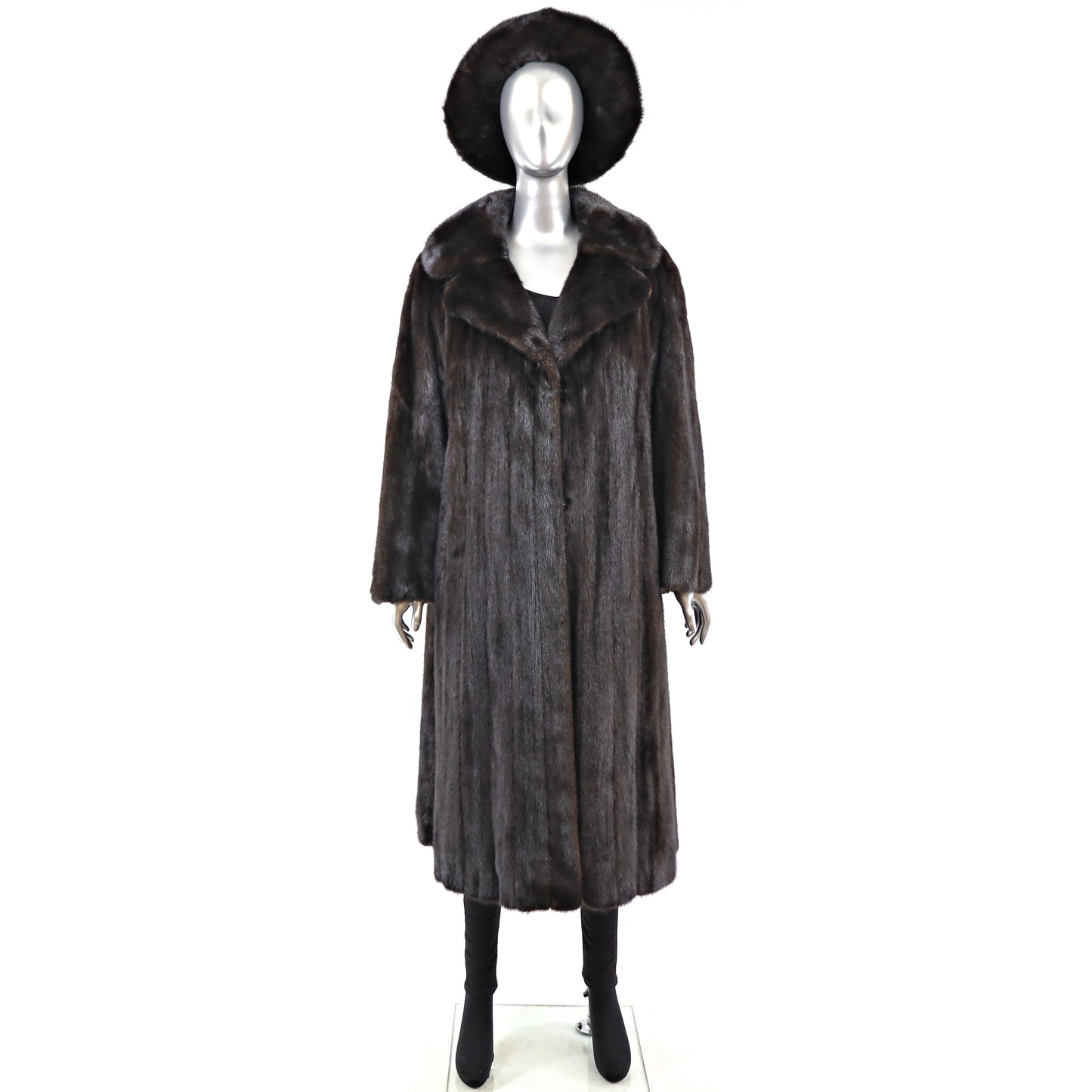 Dark Mahogany Mink Coat with Matching Hat- Size L