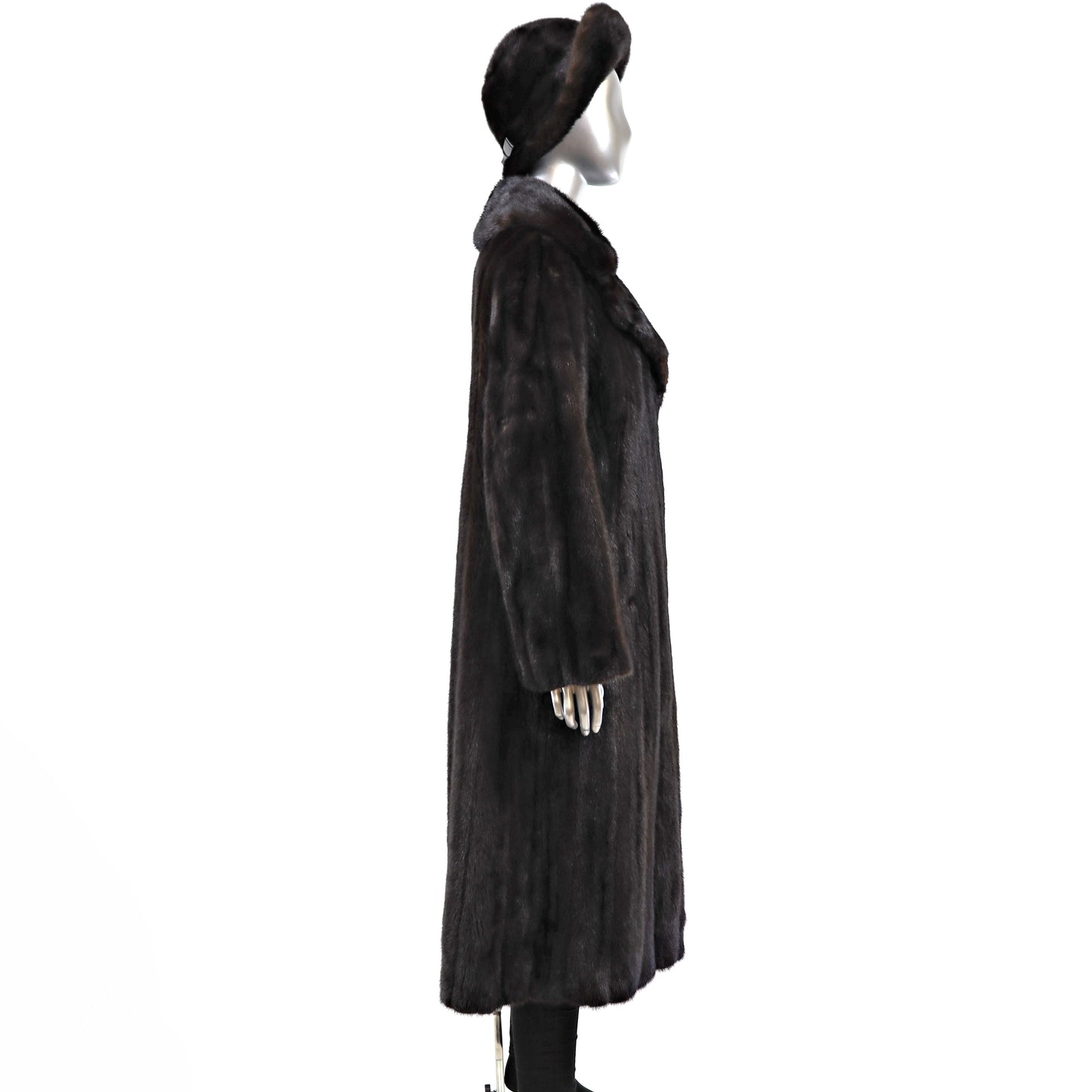 Dark Mahogany Mink Coat with Matching Hat- Size L