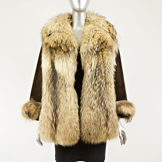 Raccoon Jacket with brown suede sleeves - Size XS