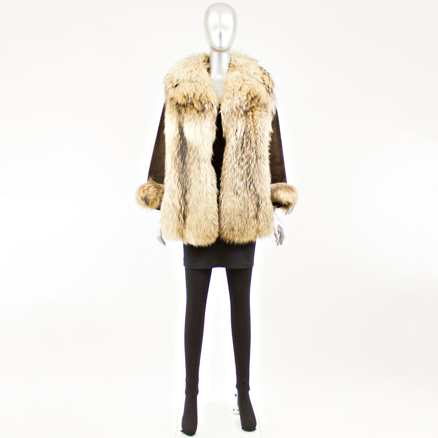 Raccoon Jacket with brown suede sleeves - Size XS