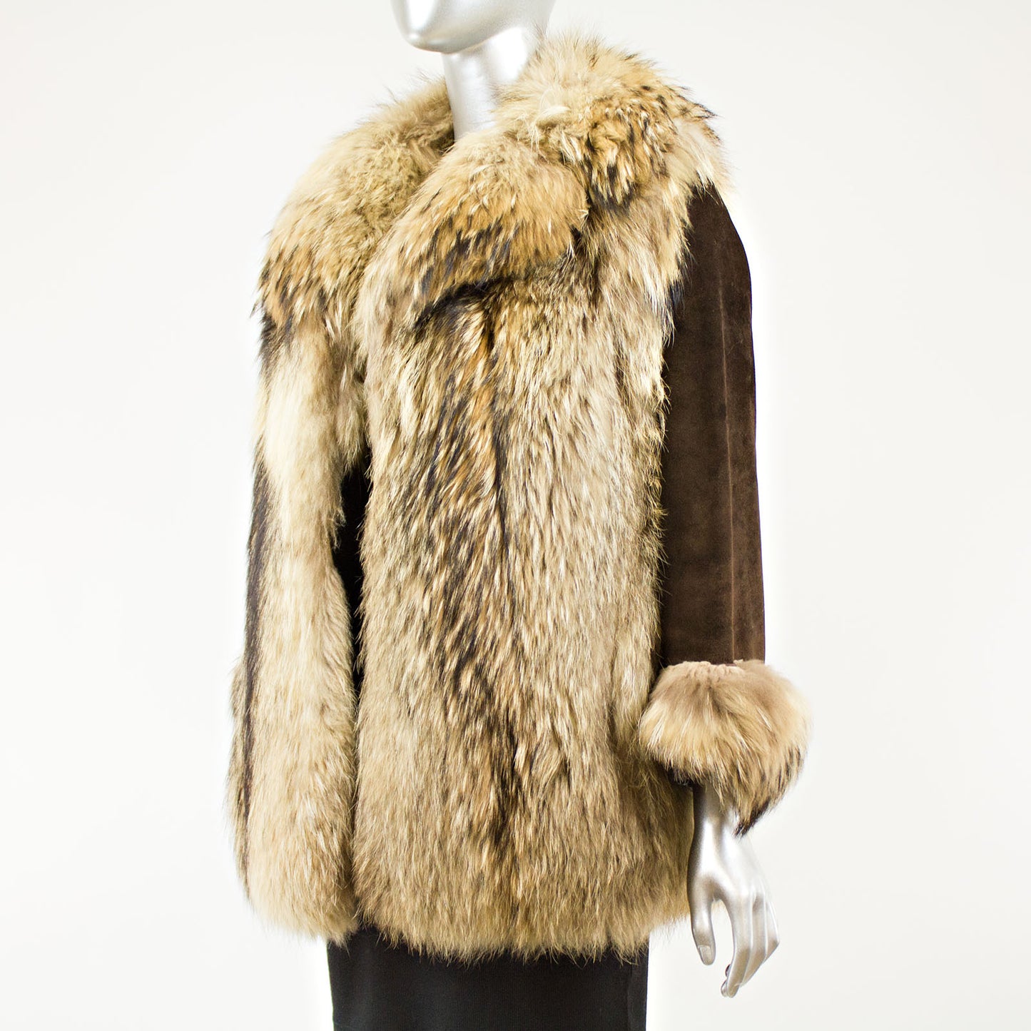 Raccoon Jacket with brown suede sleeves - Size XS