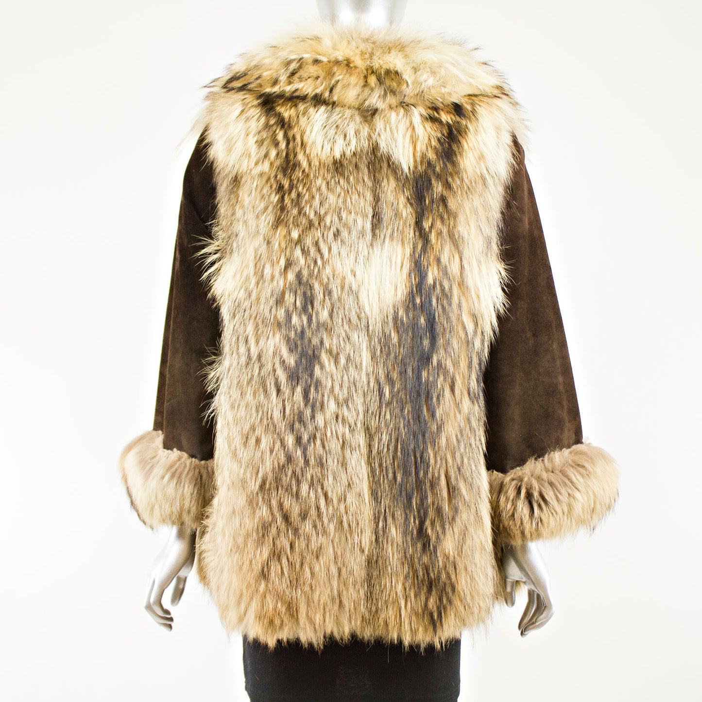 Raccoon Jacket with brown suede sleeves - Size XS