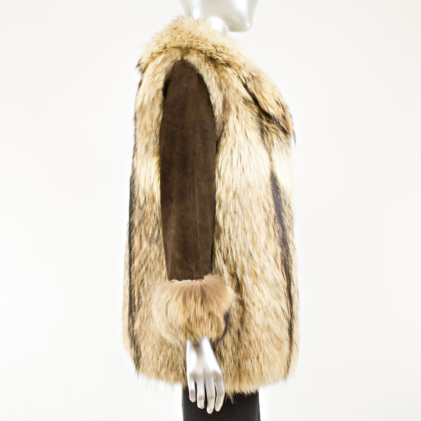 Raccoon Jacket with brown suede sleeves - Size XS