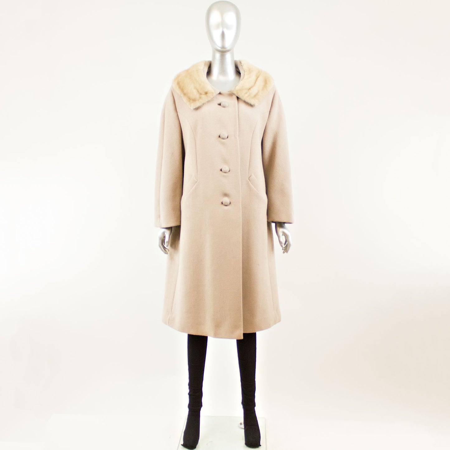 Taupe Cloth Coat Pastel Mink Collar - Size L (Vintage Furs)